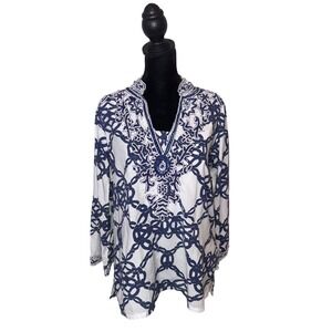 Barbara Gerwit Beaded Tunic Top Size M Blue Resortwear Nautical Preppy Cover Up